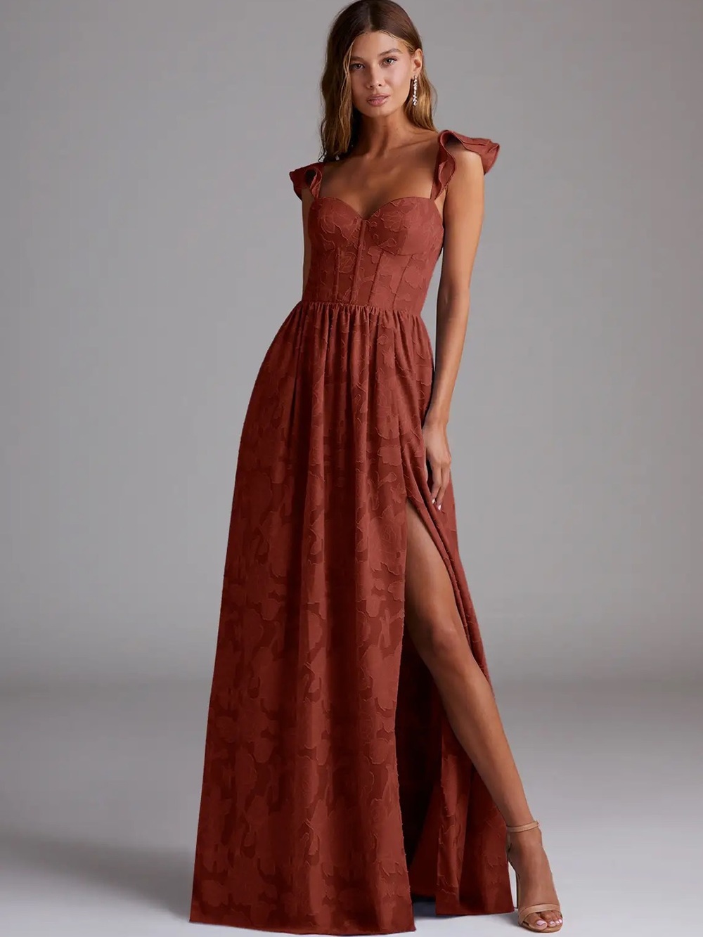 Azazie Atelier Evelyn Terracotta Corset Floral Jacquard Maxi Dress Size 6